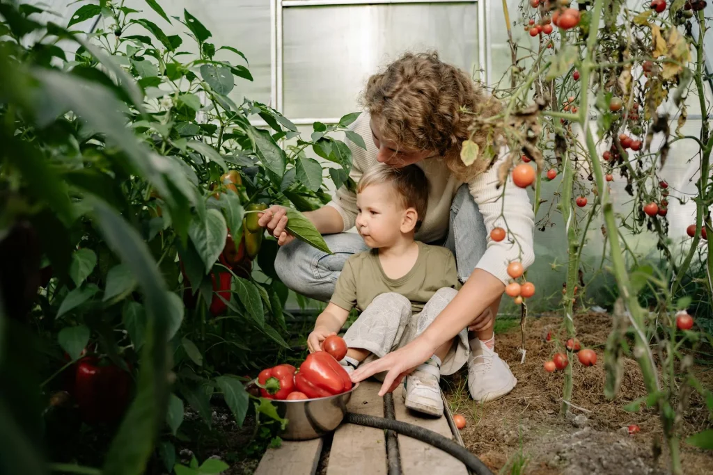 Mãe levando seu filho para colher frutos no quintal de casa